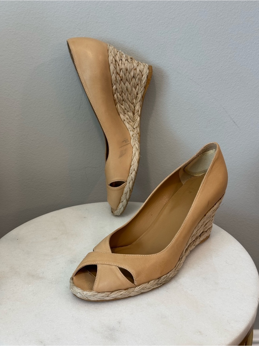Stuart Weitzman Tan Leather Peep-Toe Espadrille Wedge